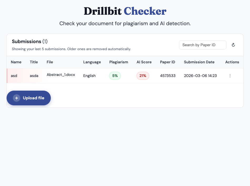Drillbit Checker tool screen showing plagiarism and AI scores